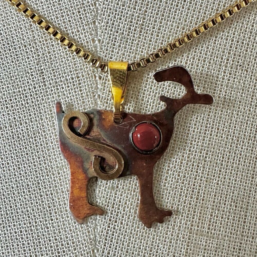 Vintage Handmade Copper Animal Pendant Necklace with Red Jasper Accent